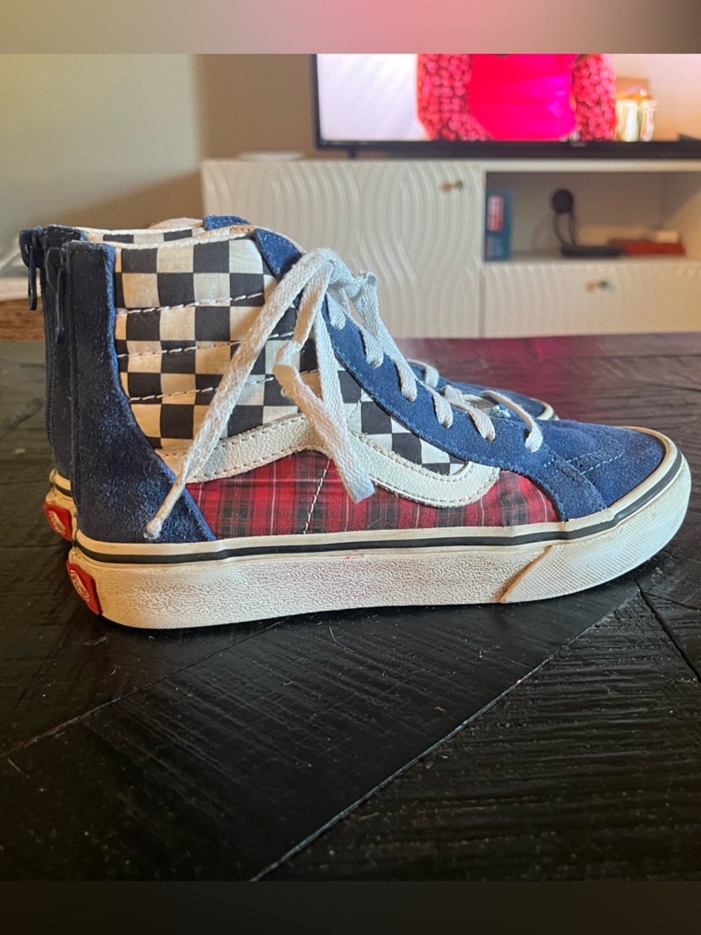 Vans Kids Sk8-Hi Zip sneakers, True Blue/Racing Red Plaid Checkerboard Size 2 - Picture 4 of 6